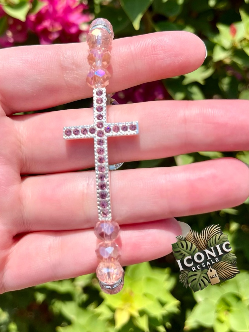 Pink Glass Beaded Bracelet With Cross & Rhinestone Charm NWOT